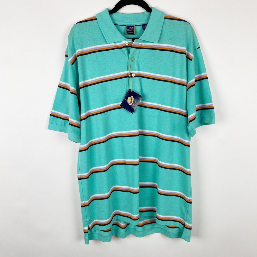 T. Harris London Striped Pique Short Sleeve Polo Shirt Mens L Teal Green NWT‎